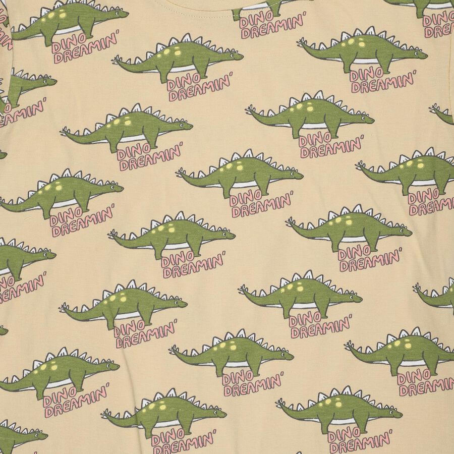Boys Beige Cotton Round Neck Dinosaur Printed Night Suit, Beige, large