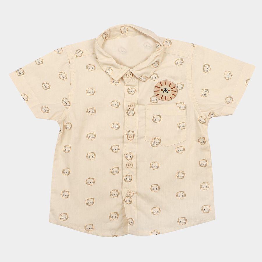 Infants Beige 100% Cotton Animal Print Collar Regular Fit Shirt, Beige, large