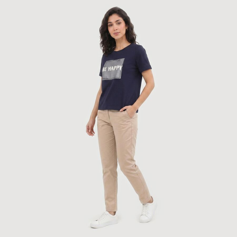 Women's Navy Blue Round Neck Regular T-Shirt, नेवी ब्लू, large