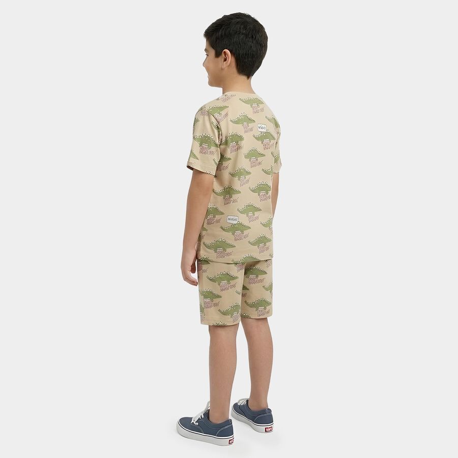 Boys Beige Cotton Round Neck Dinosaur Printed Night Suit, Beige, large