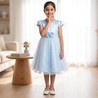 Girls' Light Blue Fit and Flare Rosette Waist Party Wear Frock, हल्का नीला, small