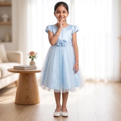 Girls' Light Blue Fit and Flare Rosette Waist Party Wear Frock