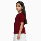 Girls' Maroon Round Neck Ruffle Sleeve T-Shirt, वाइन, small