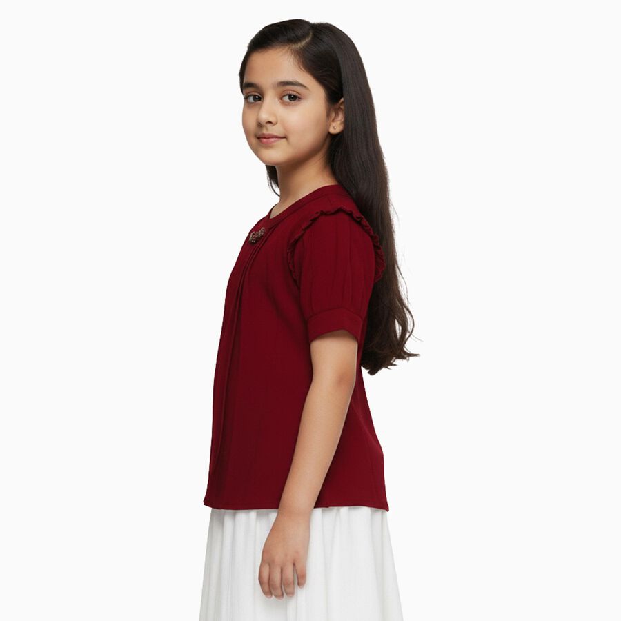 Girls' Maroon Round Neck Ruffle Sleeve T-Shirt, वाइन, large
