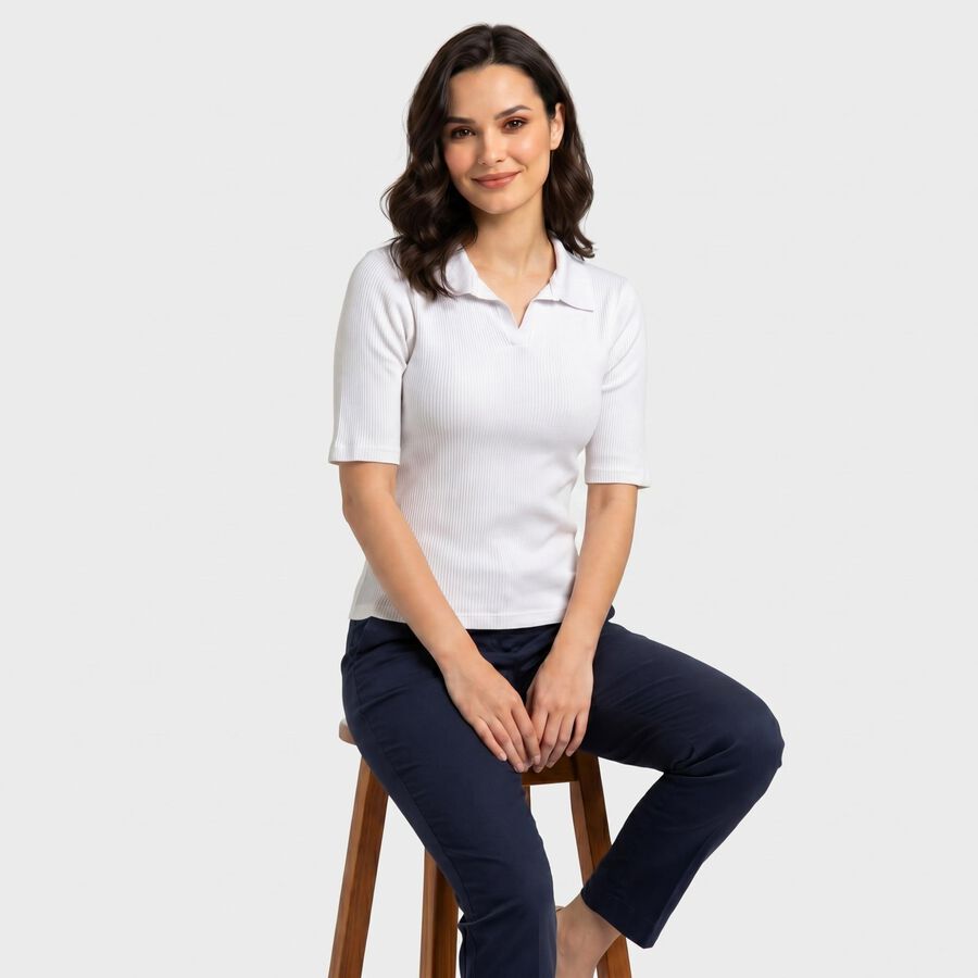 Women's White Polo Neck Polo T-Shirt, सफ़ेद, large