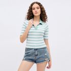 Women's Light Sage Green Round Neck Casual Crop Top, Light Green, small