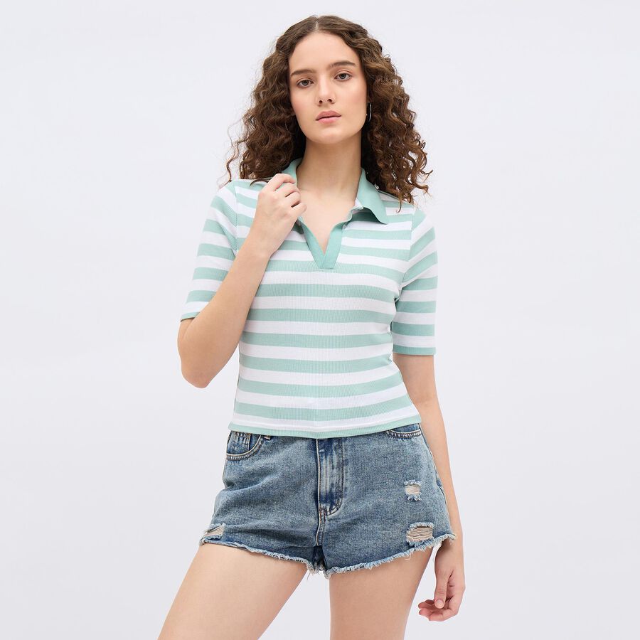 Women's Light Sage Green Round Neck Casual Crop Top, Light Green, large