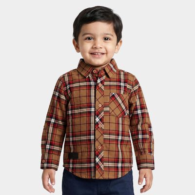 Boys Brown Cotton Long Sleeve Collar Regular Fit Shirt