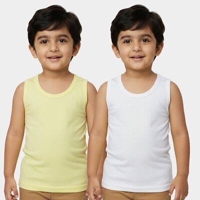 Boys' White and Yellow Cotton Round Neck Minimalist Vest