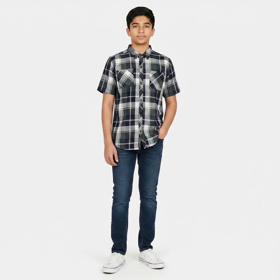 Boys Navy Blue Cotton Short Sleeves Collared Regular Fit Shirt, नेवी ब्लू, large