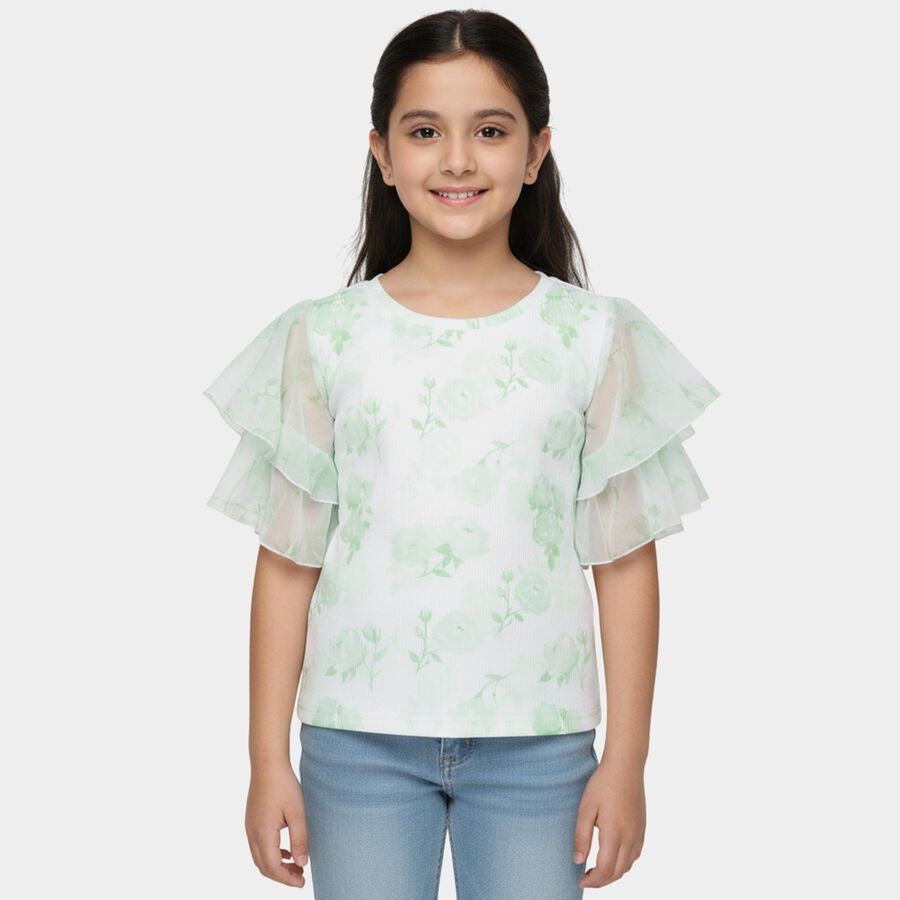 Girls Mint Green Round Neck Casual T-Shirt, Light Green, large
