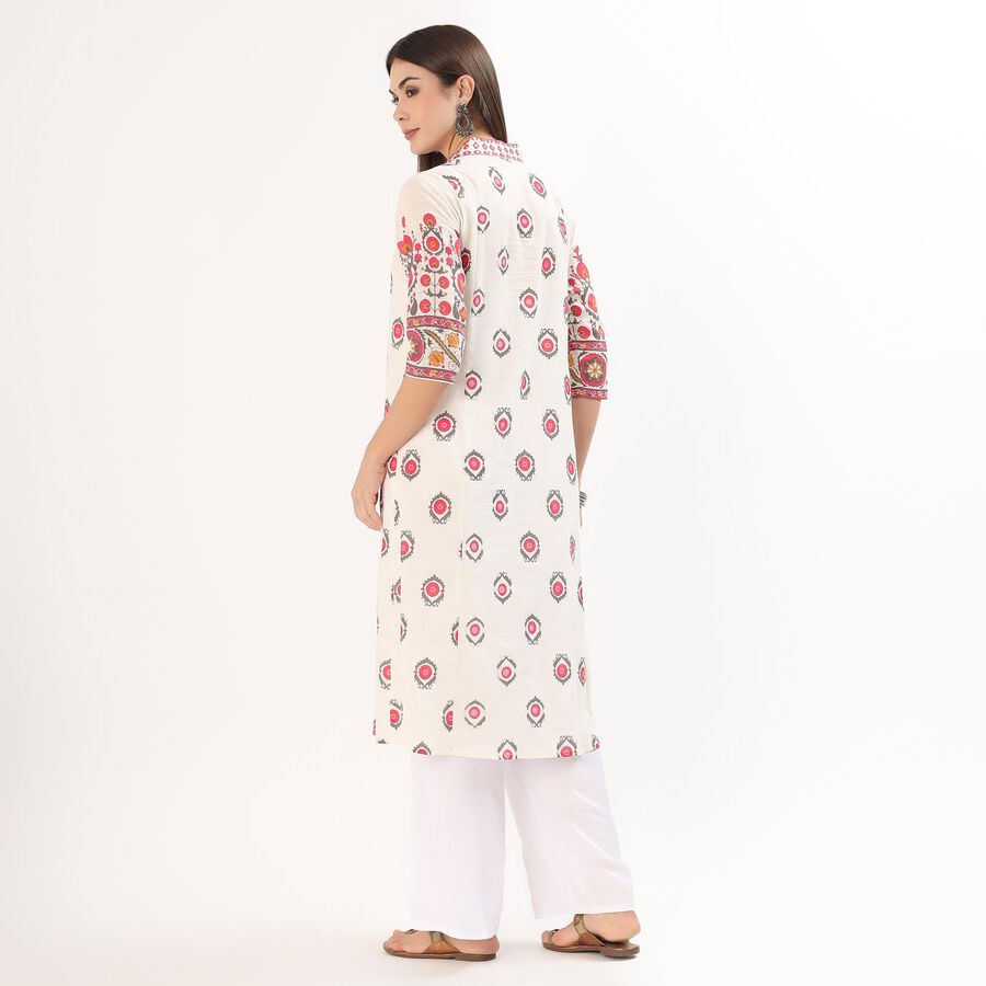 Women's White Cotton Round Neck Straight Kurta, Off White, large