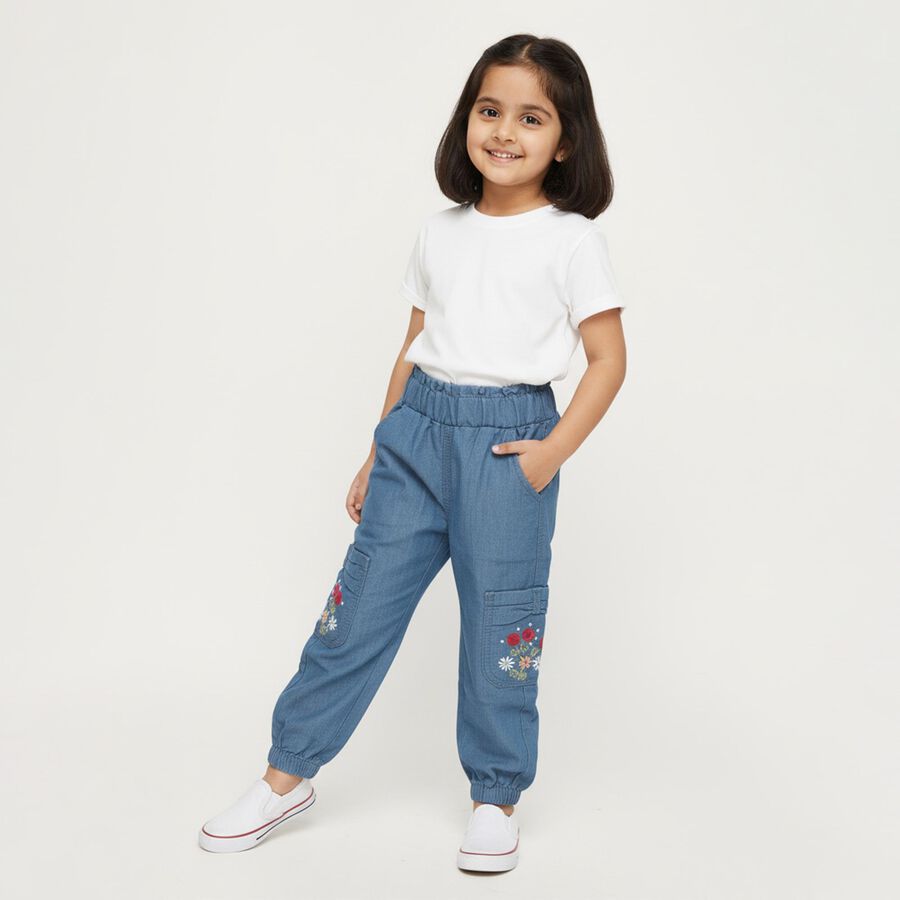 Girls' Medium Blue Relaxed Fit Embroidered Cargo Jeans, Light Blue, large image number null