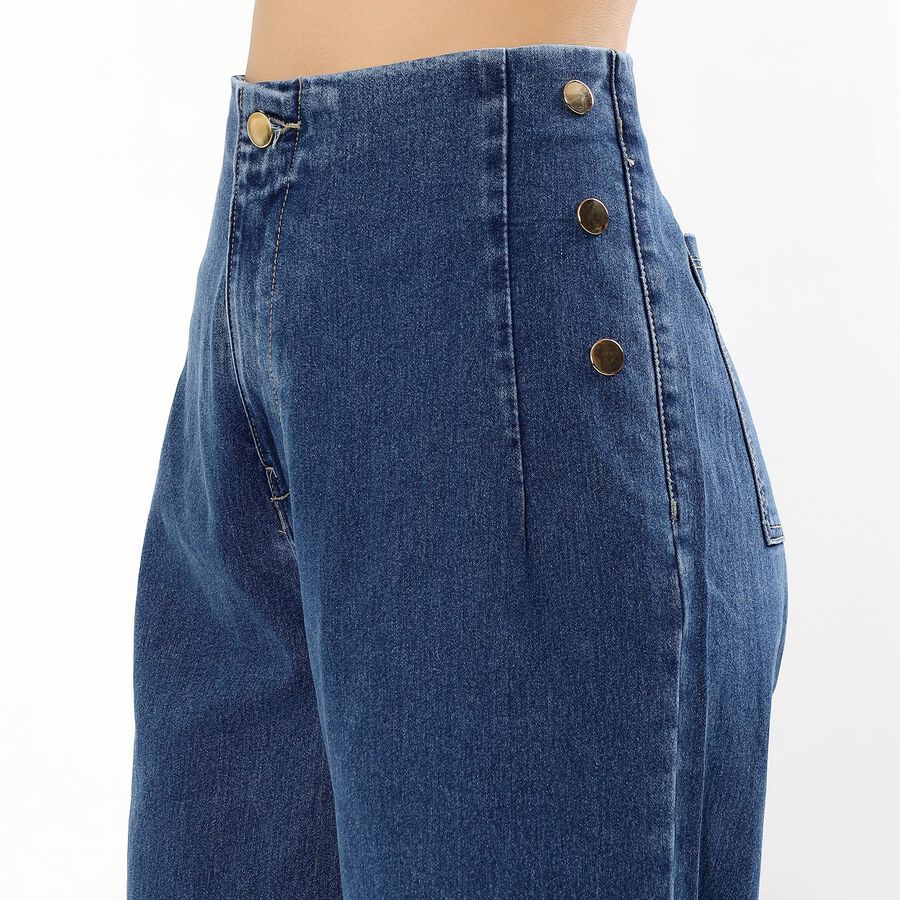 Women's Deep Indigo Wide-Leg High-Waist Jeans, मध्यम नीला, large image number null
