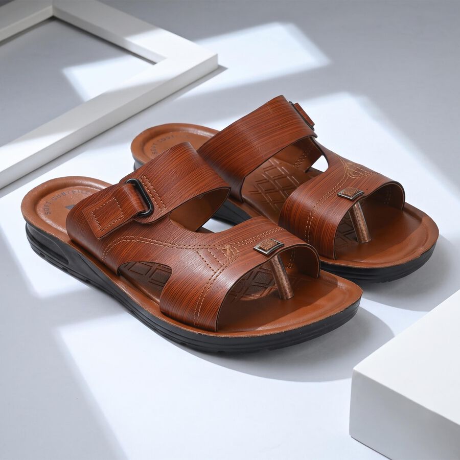 Men's Tan Slip-On Slide Sandals, Tan, large