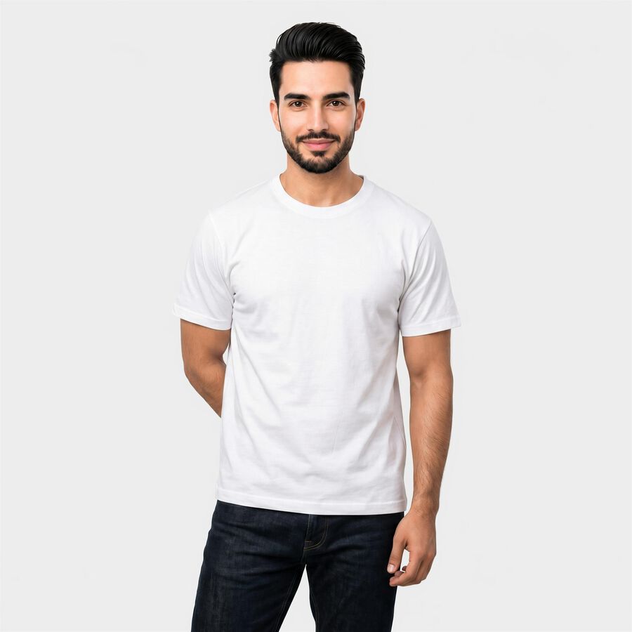 Men's White Cotton Round Neck Regular T-Shirt, सफ़ेद, large