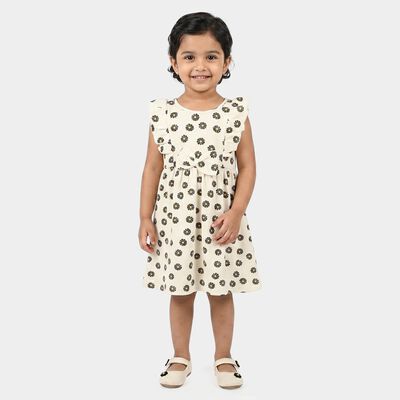 Girls' Off White Floral Printed Fit and Flare Frock
