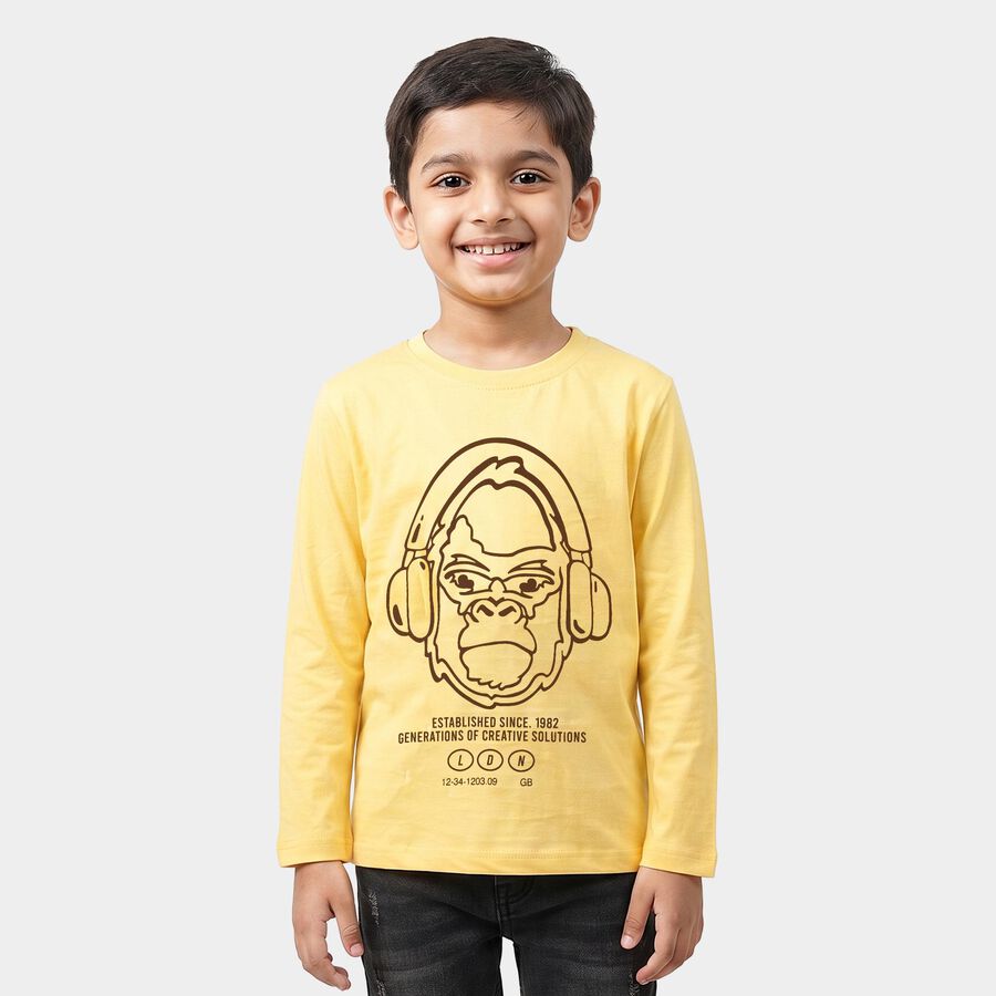 Boys Yellow Round Neck Regular Graphic Printed T-Shirt, पीला, large