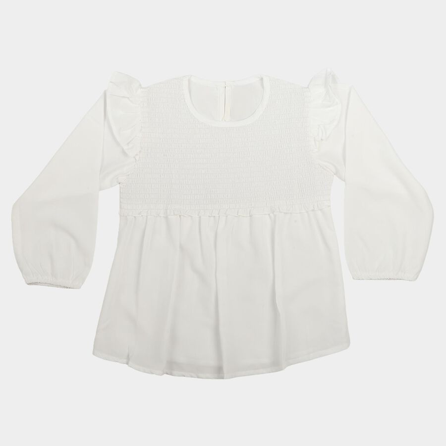 Girls' White Round Neck Regular Top, सफ़ेद, large