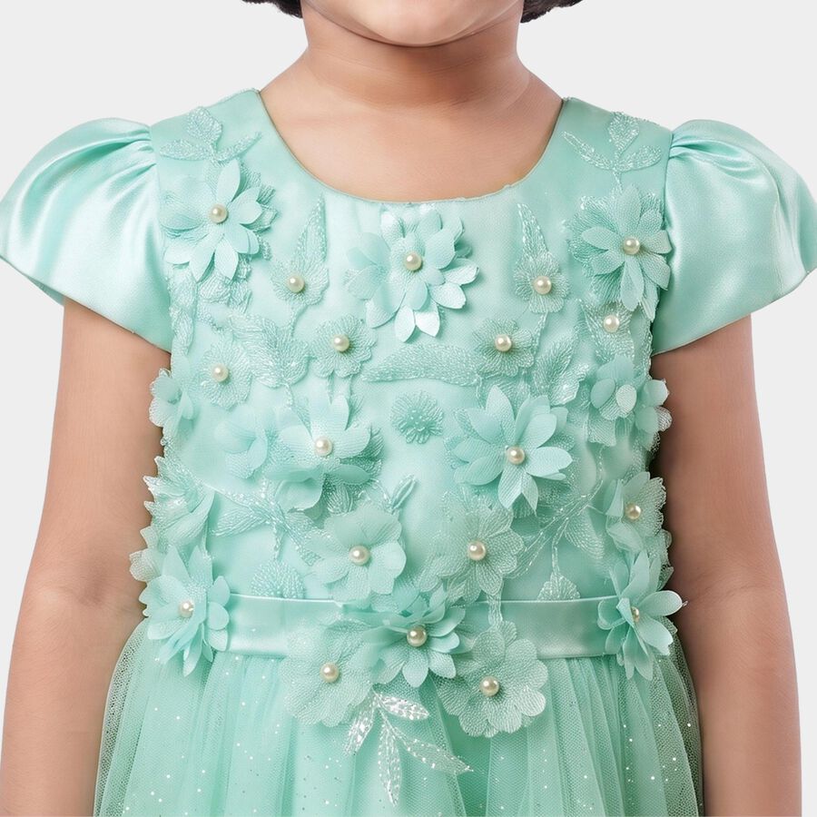 Girls' Mint Green Fit and Flare Floral Applique Party Wear Frock, Light Green, large