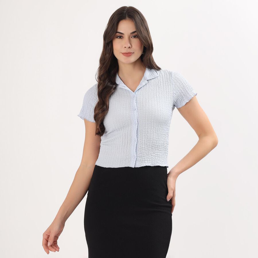 Women's Light Blue Mandarin Collar Classic Shirt, Light Blue, large
