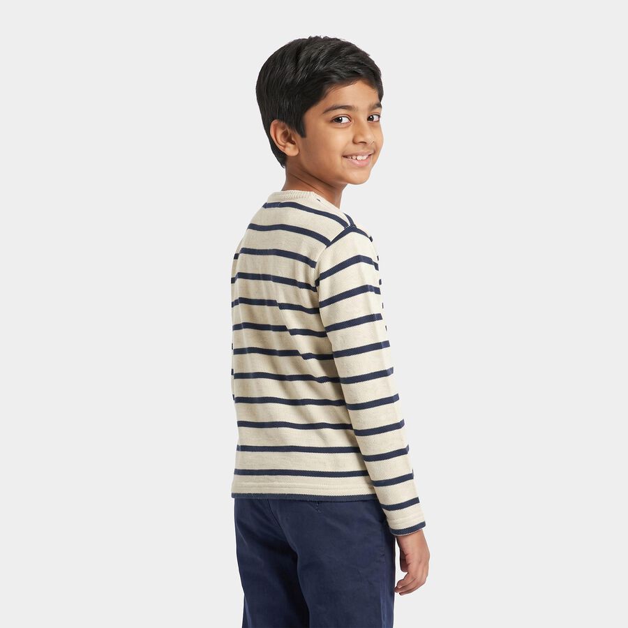 Boys' Cream Crew Neck Striped Pullover, Off White, large