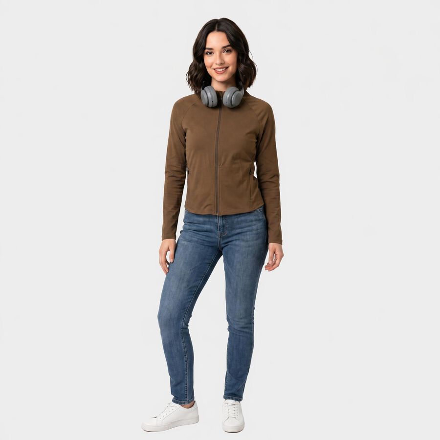 Women's Brown Stand Collar Windbreaker Jacket, भूरा, large