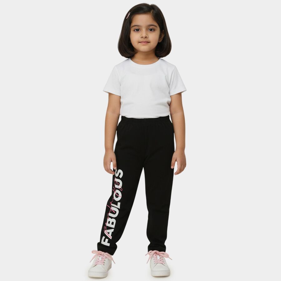 Girls' Black Regular Fit Graphic Printed Pyjama, काला, large