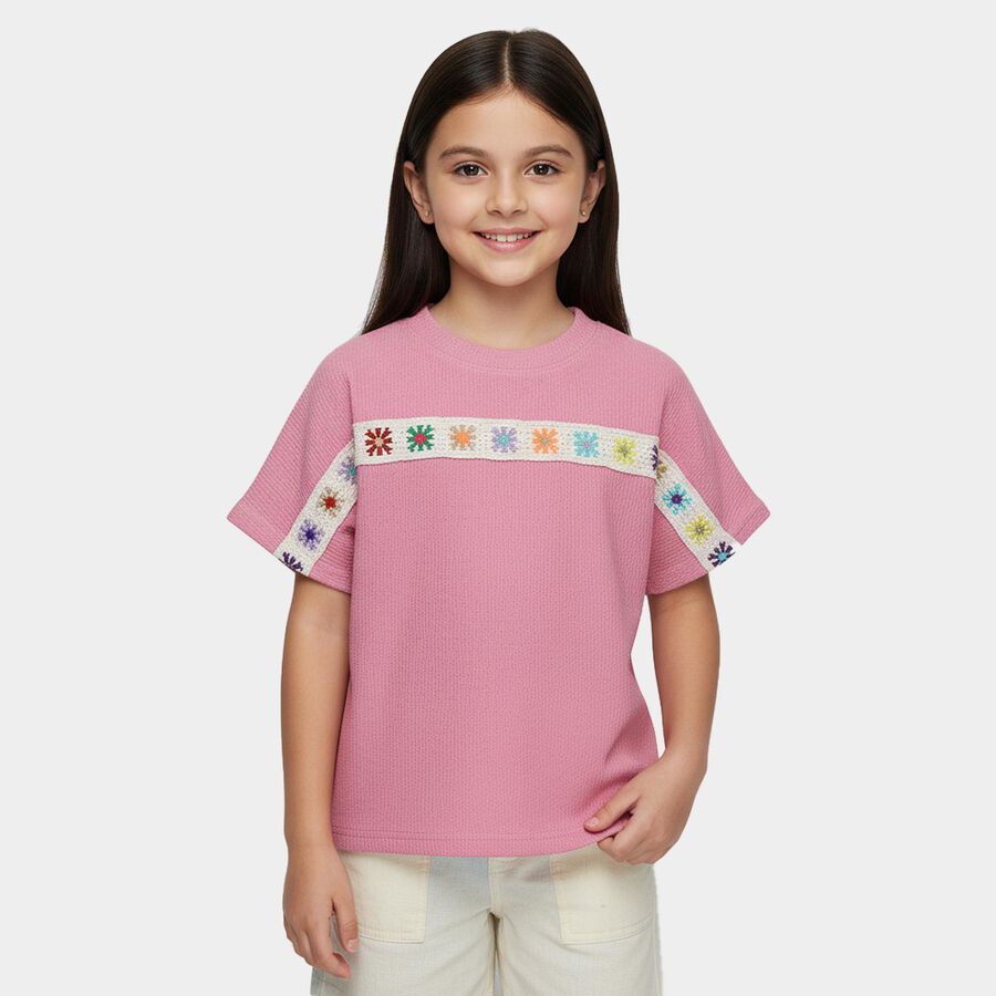 Girls Pink Round Neck Casual T-Shirt, Pink, large