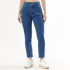 Women's Stonewashed Blue Slim Fit Frayed Hem Jeans, Mid Blue, small image number null