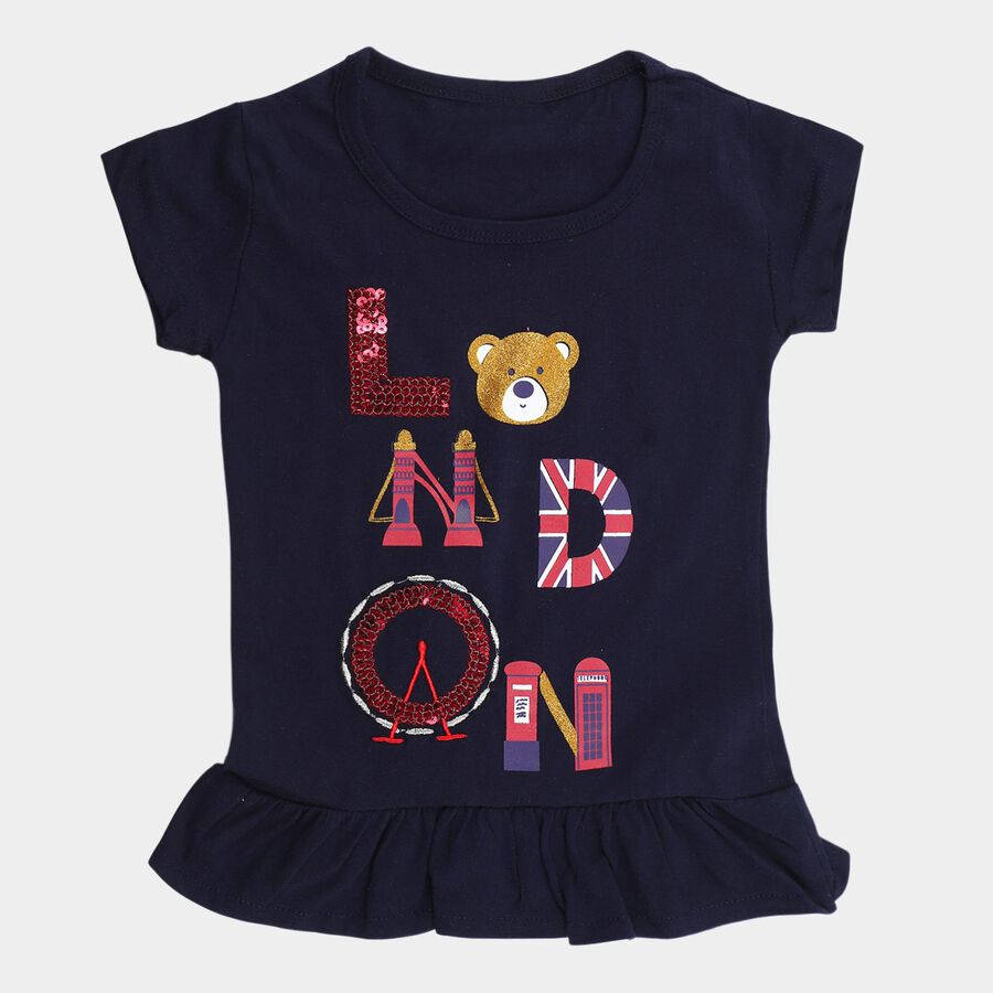 Girls' Navy Blue Cotton Round Neck Graphic Printed T-Shirt, नेवी ब्लू, large