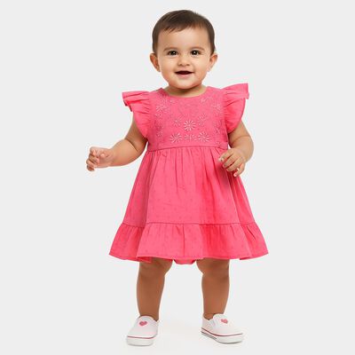 Infants' Pink Regular Fit Embroidered Flutter Sleeve Frock