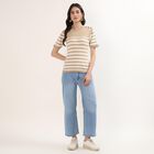 Women's Beige 100% Cotton V-Neck Minimalist Top, Beige, small