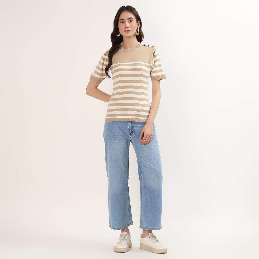 Women's Beige 100% Cotton V-Neck Minimalist Top, Beige, large