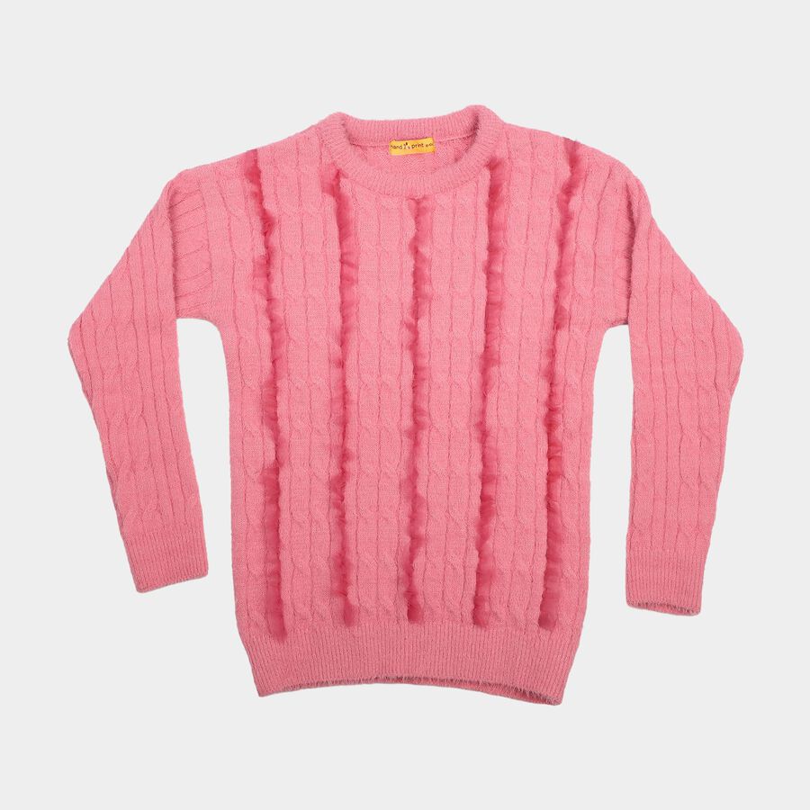 Girls' Pink Crew Neck Cable Knit Pullover, Light Pink, large