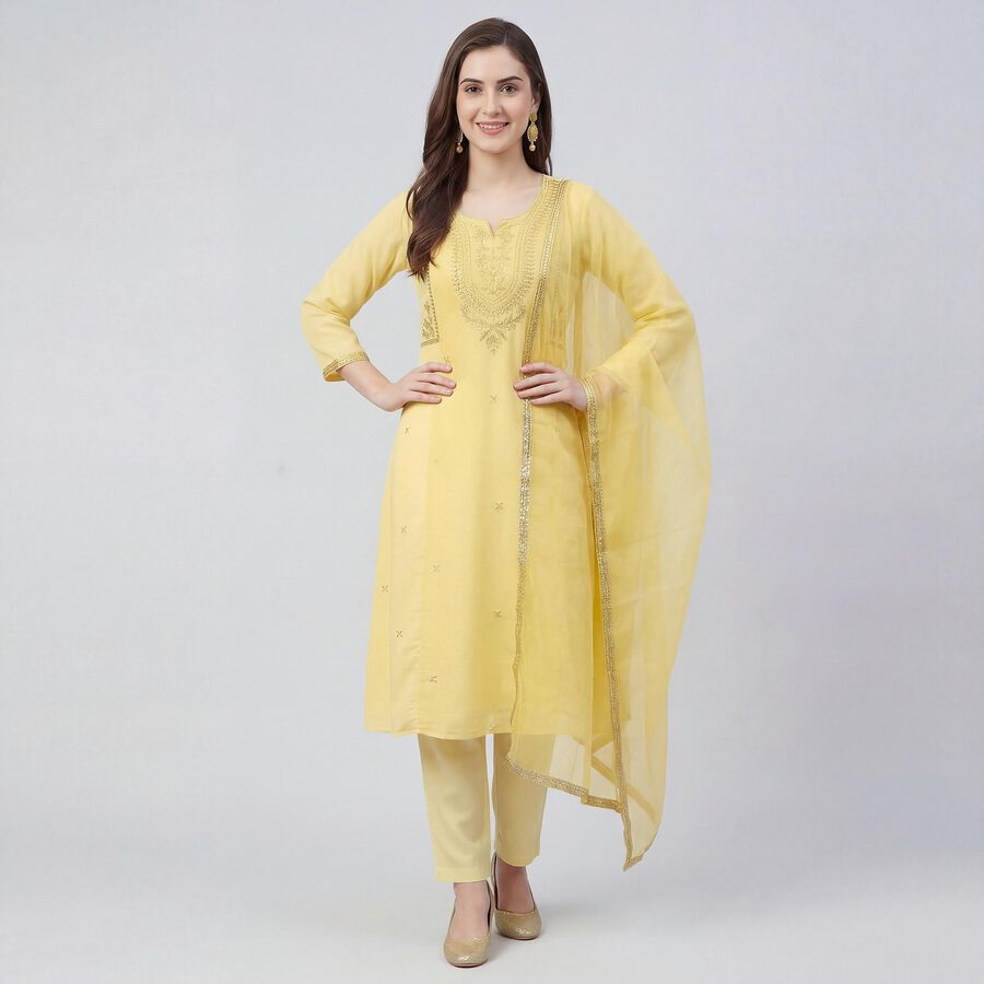 Women's Yellow Notch Neck Printed Straight Kurta, Yellow, large