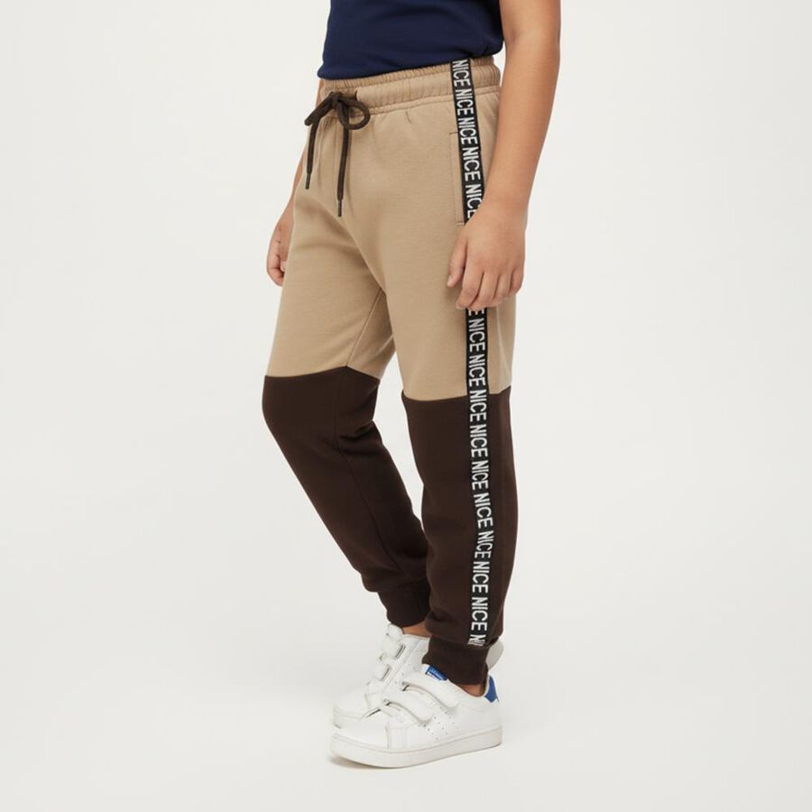 Boys Beige and Brown Color Block Elastic Waist Pyjama, Beige, large image number null