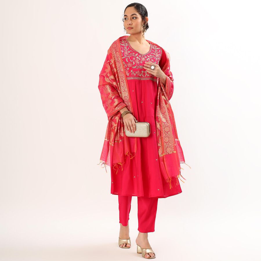 Women's Bright Raspberry Pink Embroidered Ethnic Set, Fuchsia, large image number null