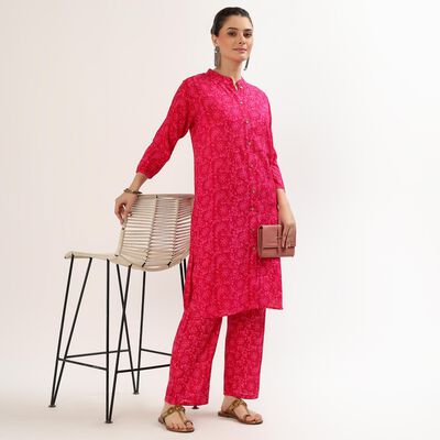 Women's Bright Fuchsia Pink Printed Ethnic Set