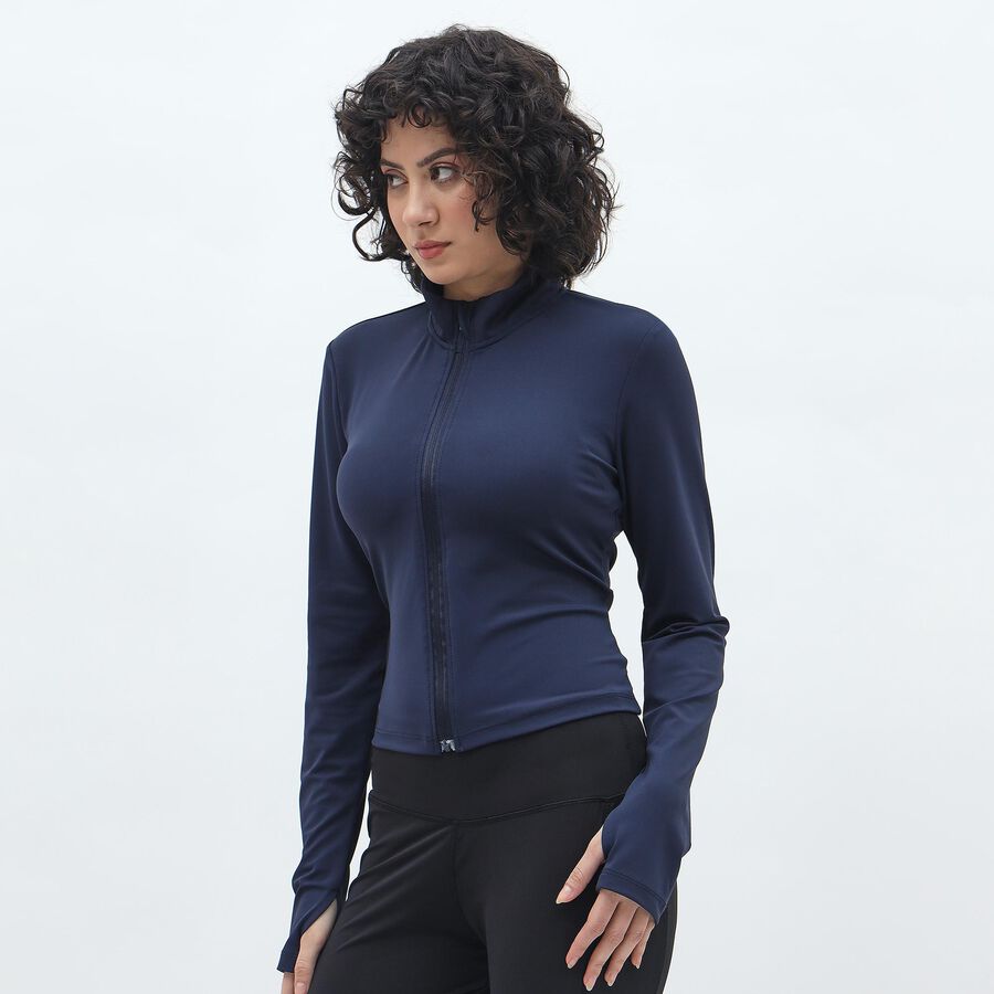Women's Deep Midnight Navy High Neck Athleisure Jacket, Navy Blue, large image number null