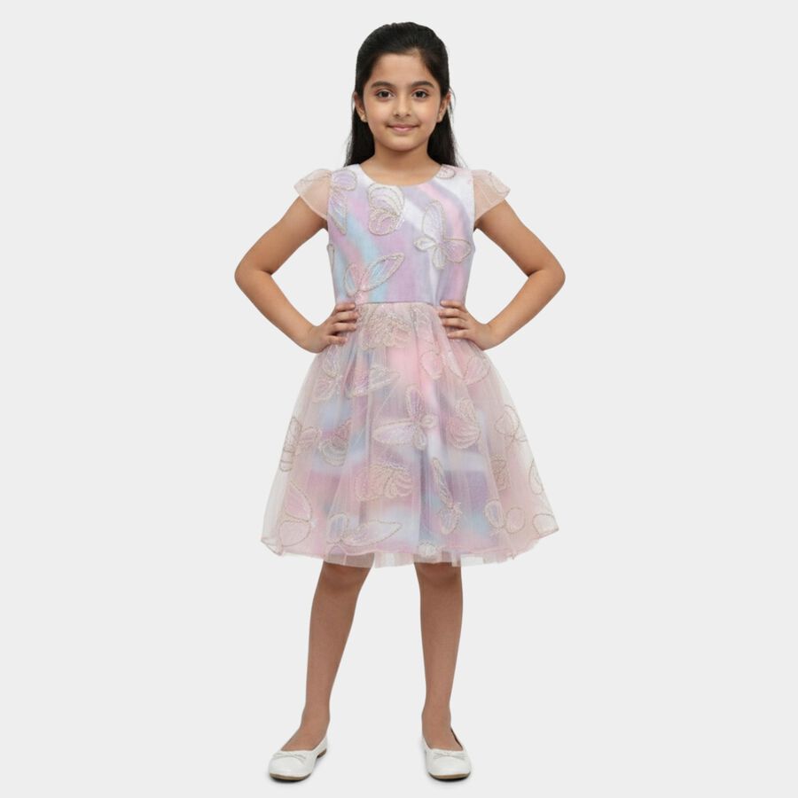 Girls' Lilac Regular Fit Lace Overlay Ruffled Frock, लाइलेक, large