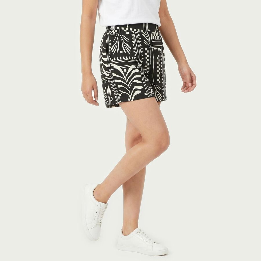 Women's Black Regular Fit Printed Shorts, काला, large