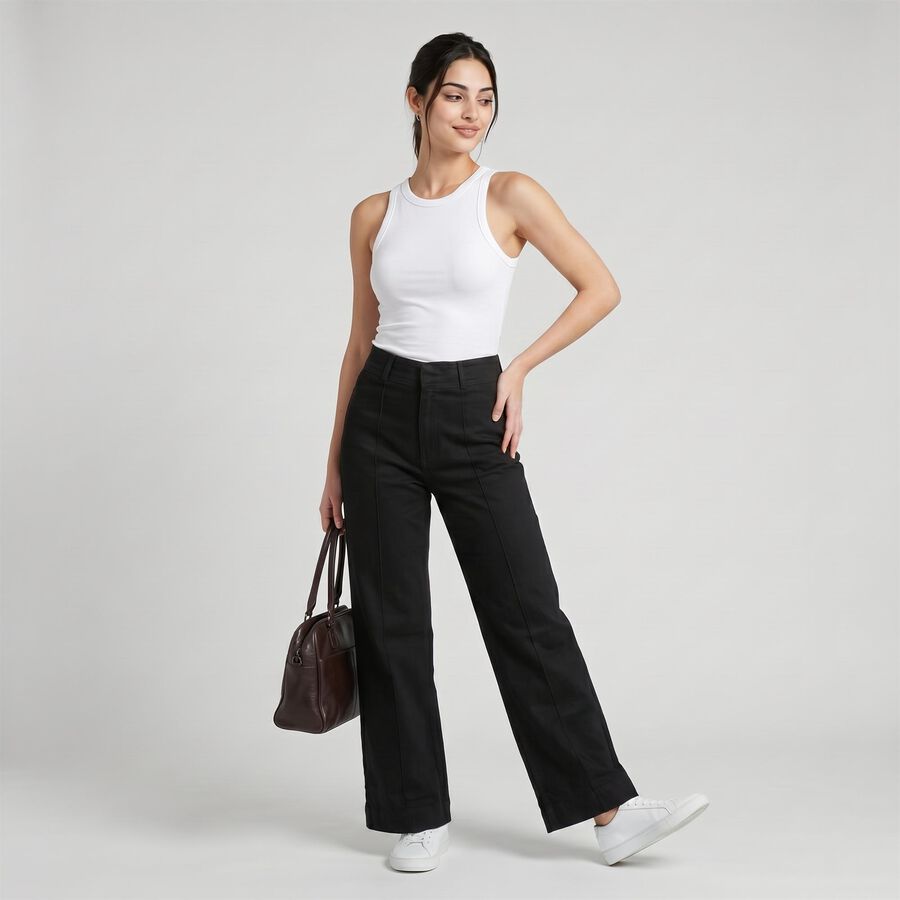 Women's Black Wide Leg Seam Detail Jeans, Black, large