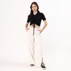 Women's Jet Black Cotton Collared Casual Crop Top, काला, small