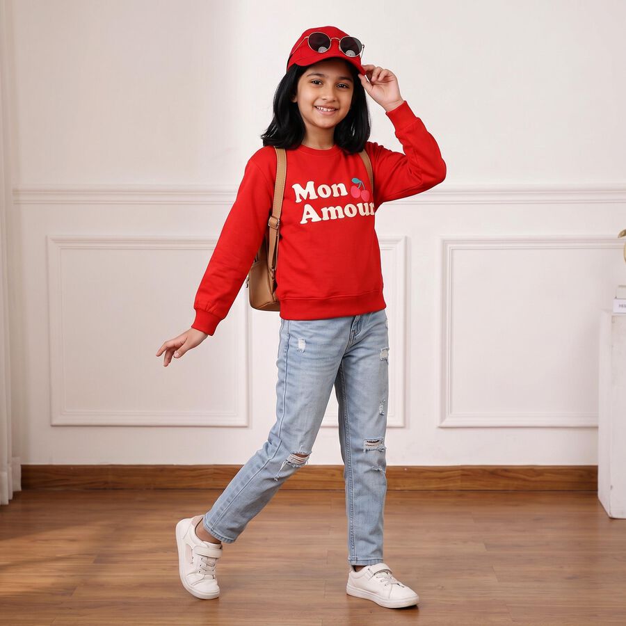 Girls' Red Crew Neck Pullover Sweatshirt, Red, large