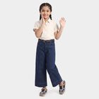 Girls' Navy Blue Wide Leg Seam Detail Jeans, मध्यम नीला, small