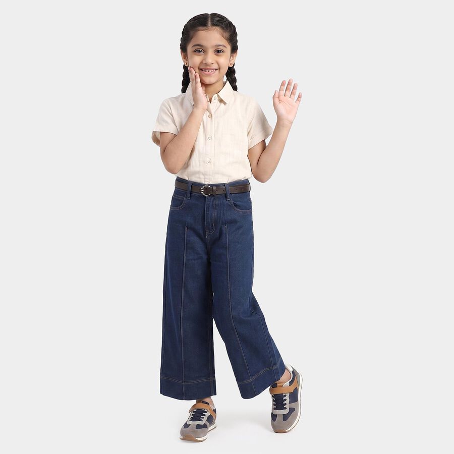 Girls' Navy Blue Wide Leg Seam Detail Jeans, मध्यम नीला, large