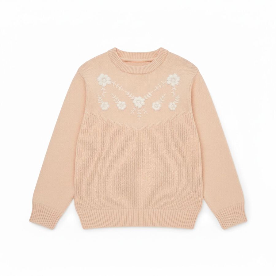Girls Light Pink Crew Neck Floral Embroidered Pullover, Light Pink, large image number null
