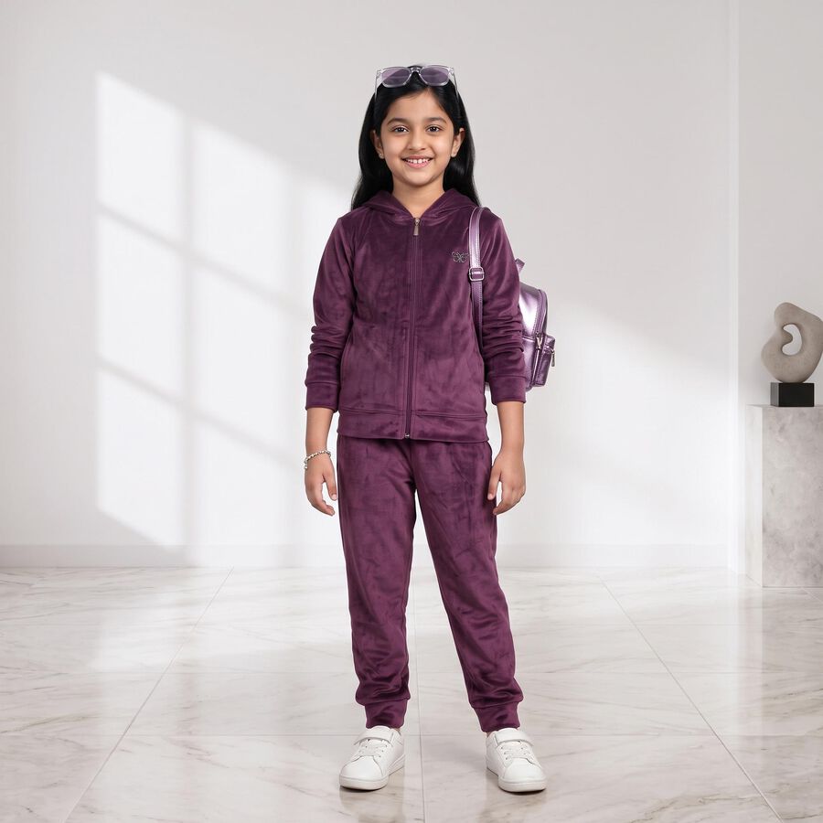 Girls Purple Hooded Neck Lounge Style Hipster Set, Purple, large