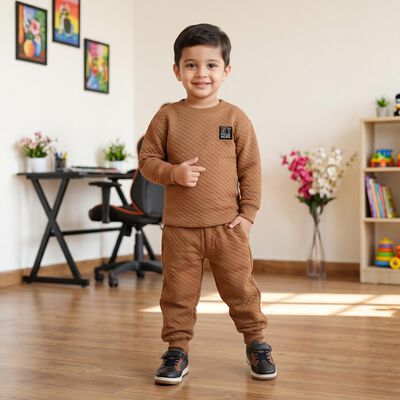 Boys Brown Round Neck Quilted Baba Suit